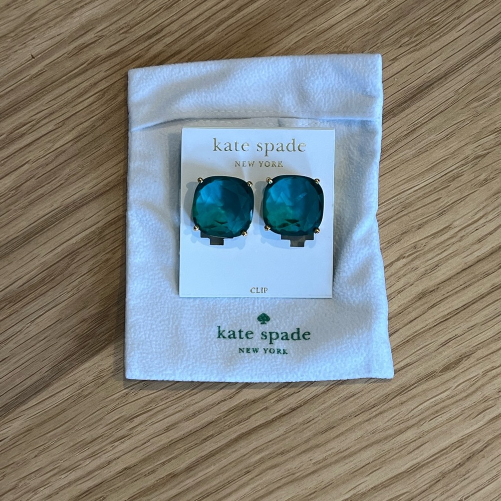 Kate Spade earrings, large facet clip, aqua